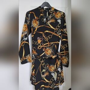 Elegant Black and Gold Chain Print Dress